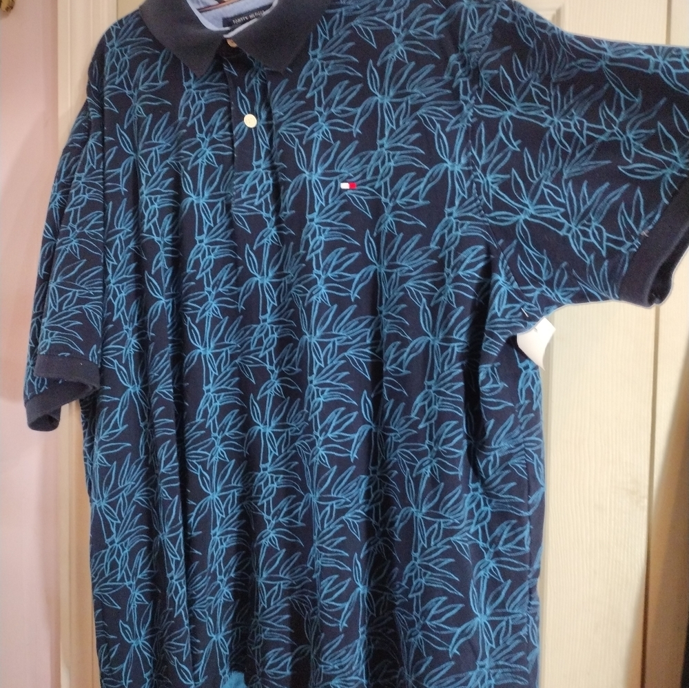 Tommy Hilfiger Polo Short Sleeve Blue Bamboo Print Size  3XLT check measurements - Picture 4 of 7
